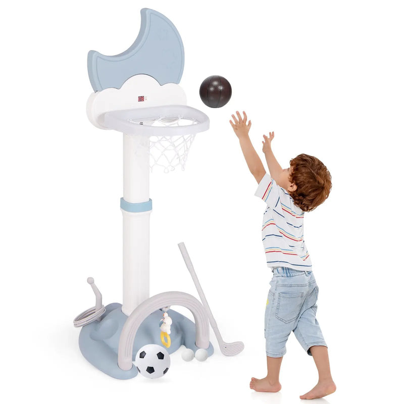 4-In-1 Kids Basketball Hoop with Moon-shaped Electronic Scoreboard and Play Set-Blue by DirectDeals