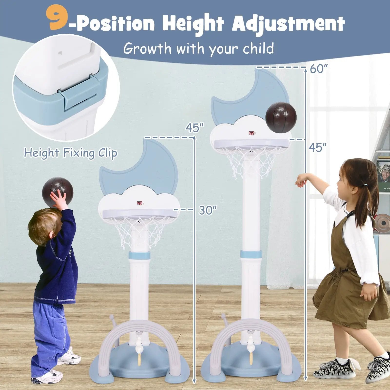 4-In-1 Kids Basketball Hoop with Moon-shaped Electronic Scoreboard and Play Set-Blue by DirectDeals