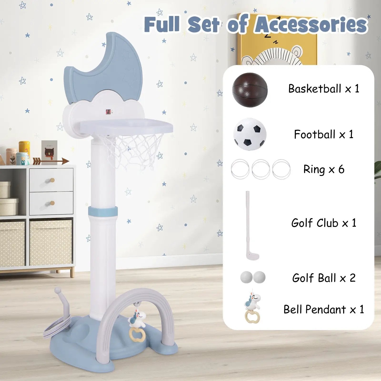 4-In-1 Kids Basketball Hoop with Moon-shaped Electronic Scoreboard and Play Set-Blue by DirectDeals