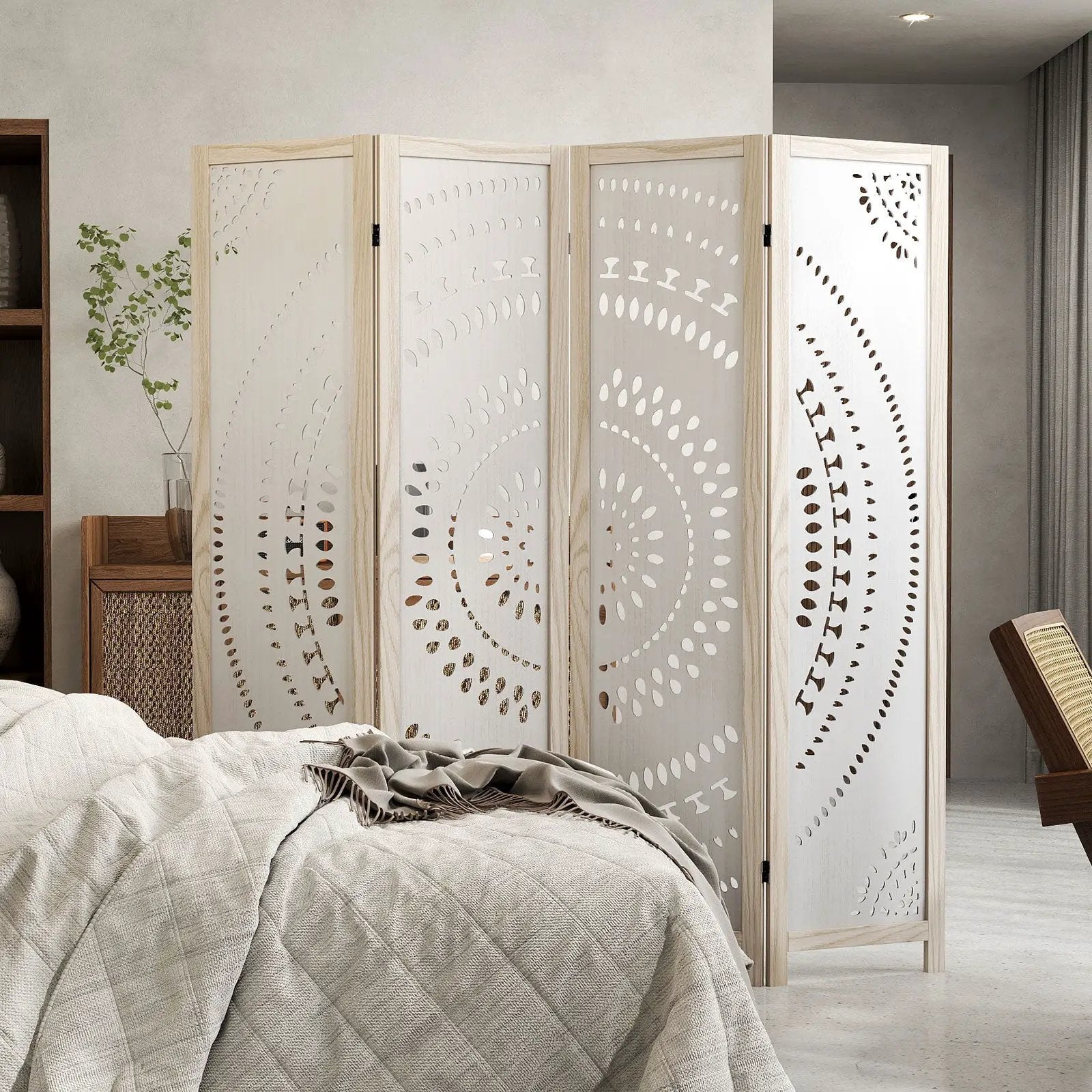 66 Inch Boho 4-Panel Room Divider Privacy Screen with Carved Pattern by DirectDeals