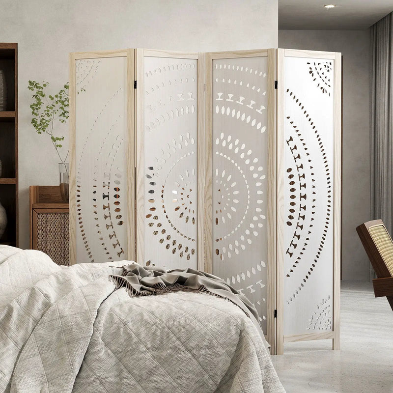 66 Inch Boho 4-Panel Room Divider Privacy Screen with Carved Pattern by DirectDeals