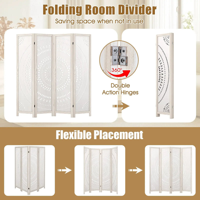 66 Inch Boho 4-Panel Room Divider Privacy Screen with Carved Pattern by DirectDeals