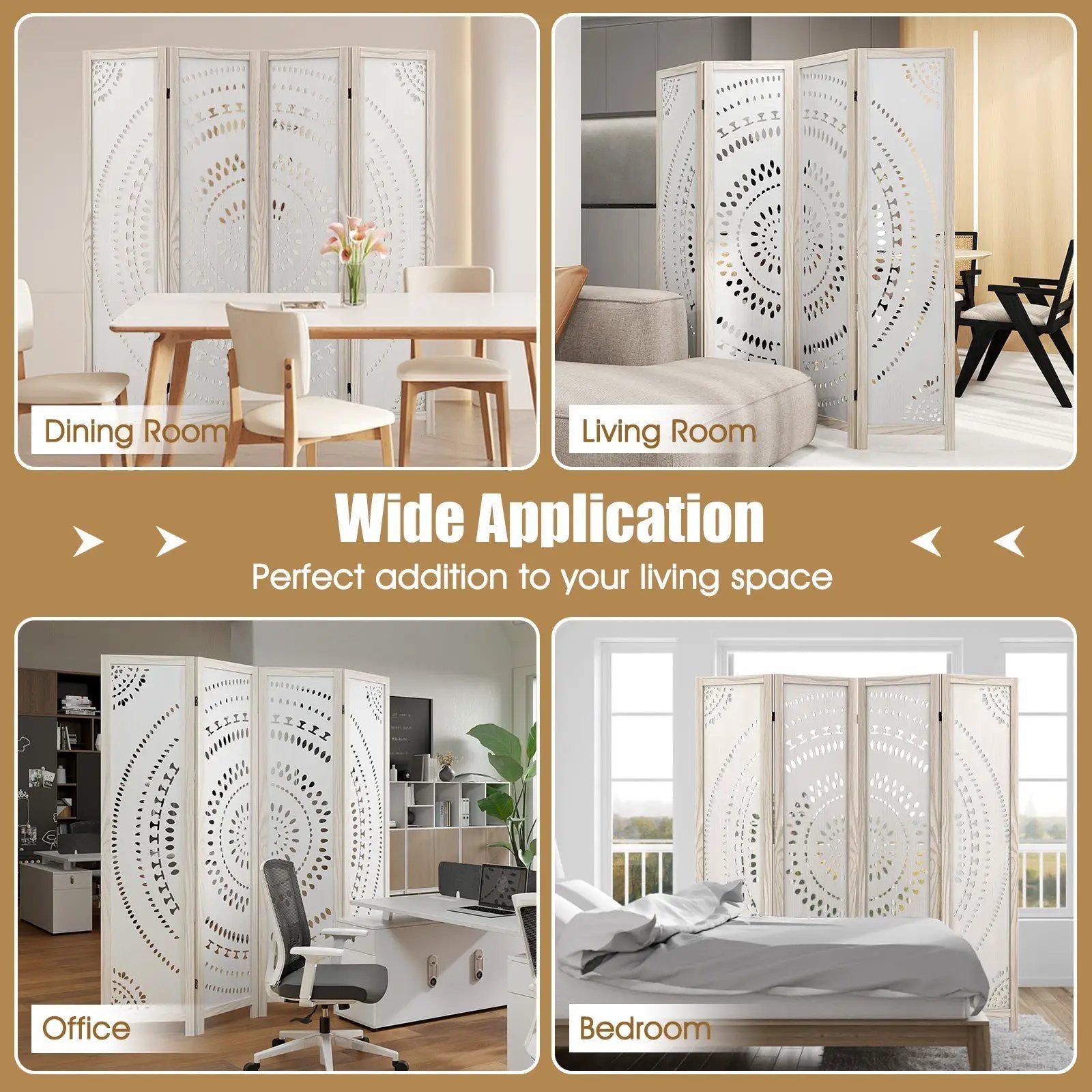 66 Inch Boho 4-Panel Room Divider Privacy Screen with Carved Pattern by DirectDeals