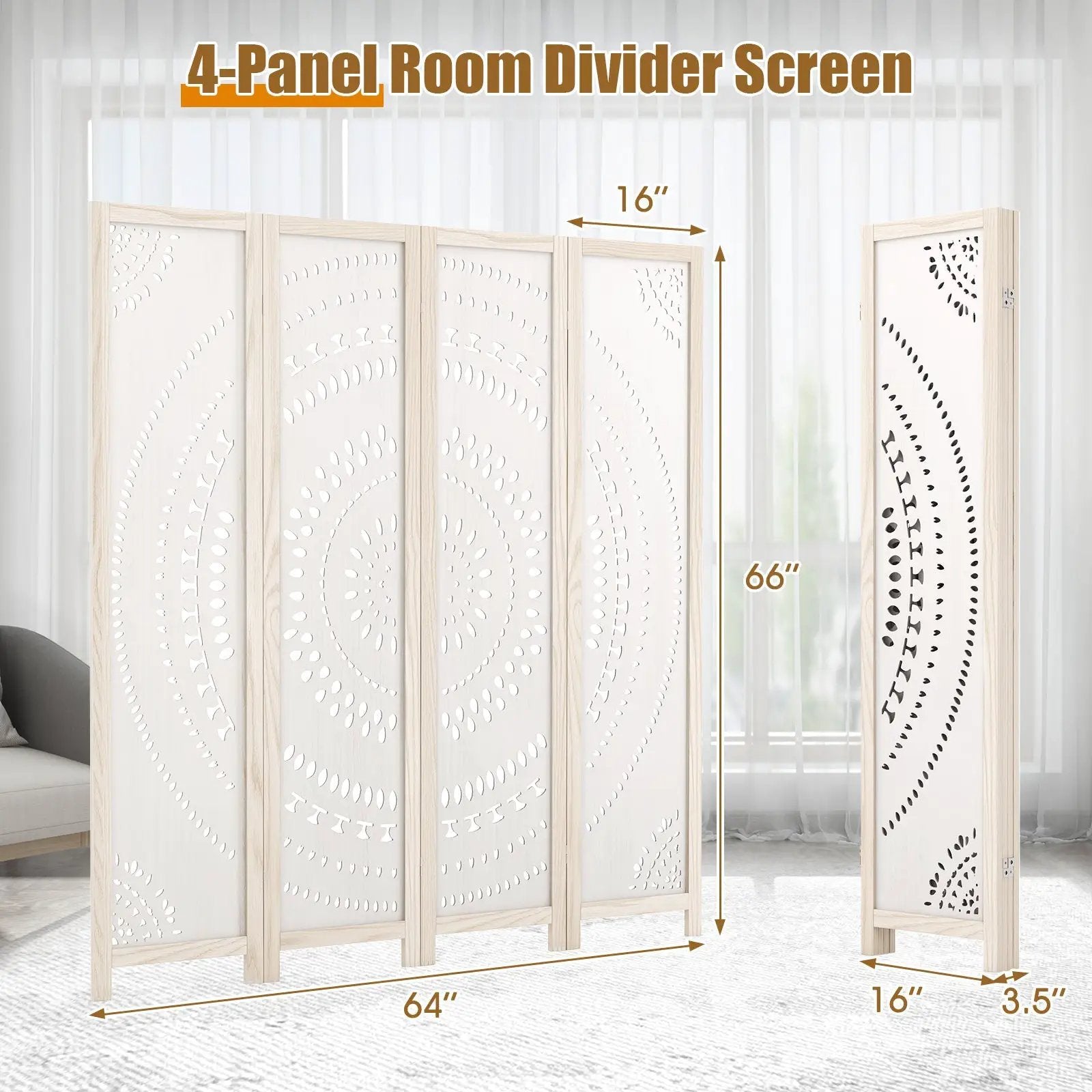 66 Inch Boho 4-Panel Room Divider Privacy Screen with Carved Pattern by DirectDeals