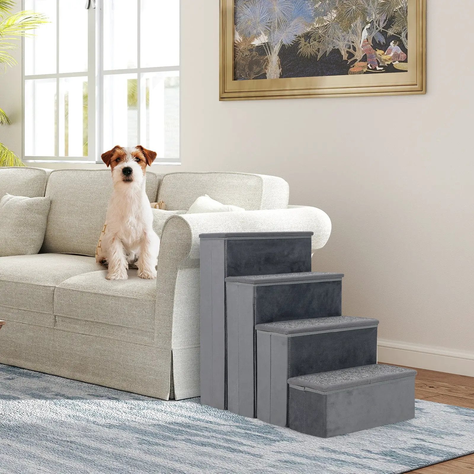 4-Step Dog Stairs Non-slip Foldable Dog Ramp with Adjustable Steps-Grey by DirectDeals