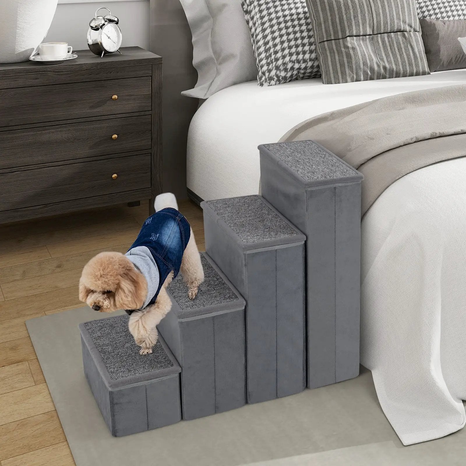 4-Step Dog Stairs Non-slip Foldable Dog Ramp with Adjustable Steps-Grey by DirectDeals