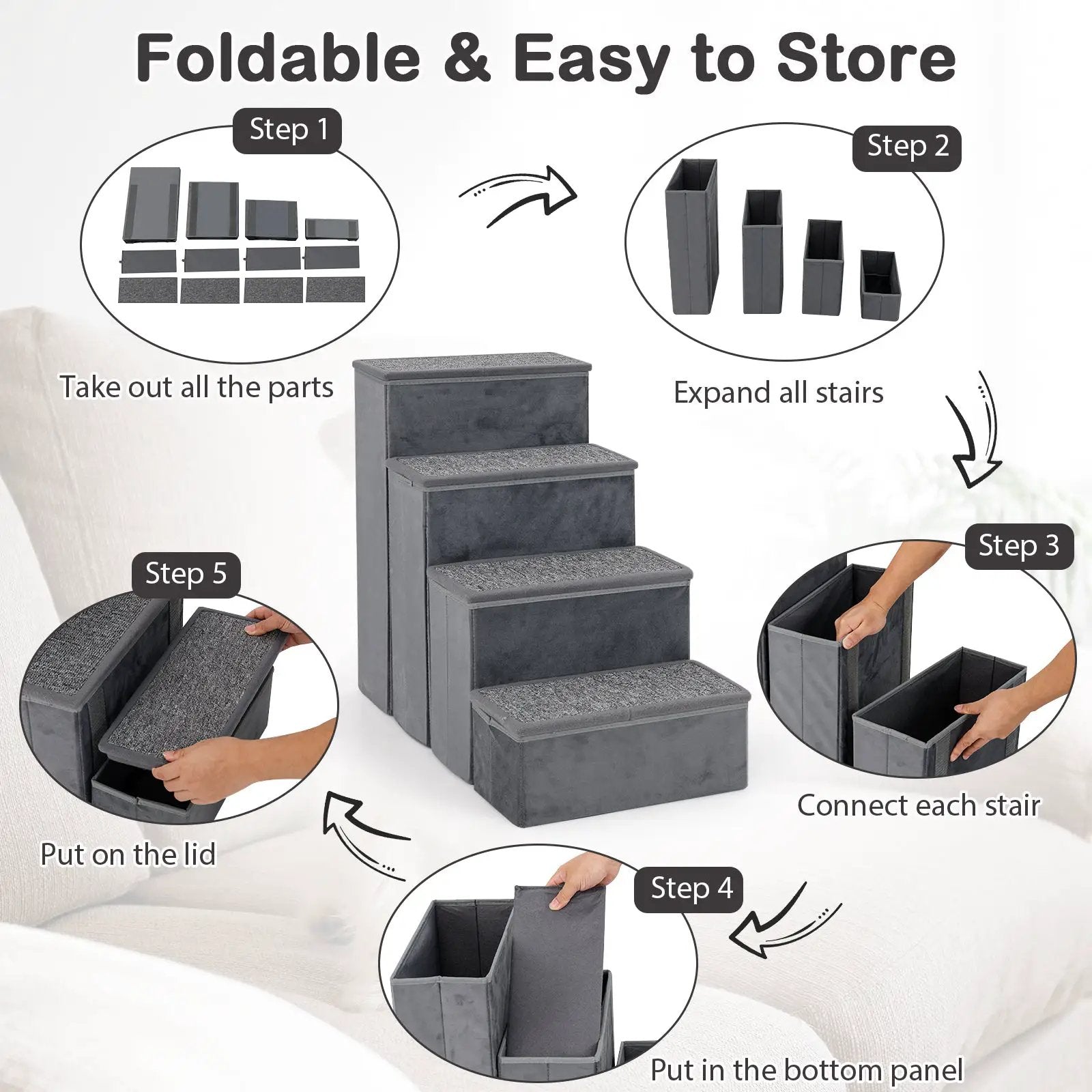 4-Step Dog Stairs Non-slip Foldable Dog Ramp with Adjustable Steps-Grey by DirectDeals