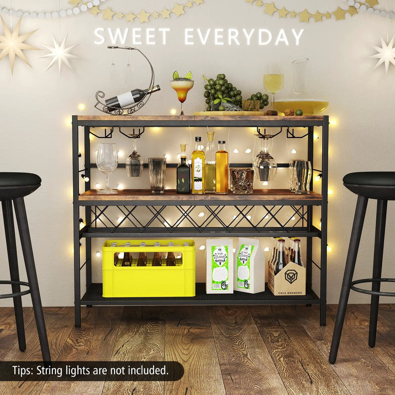 41 Inch 4-Tier Bar Table with Wine Rack and 4 Rows of Glass Holders-Rustic Brown by DirectDeals