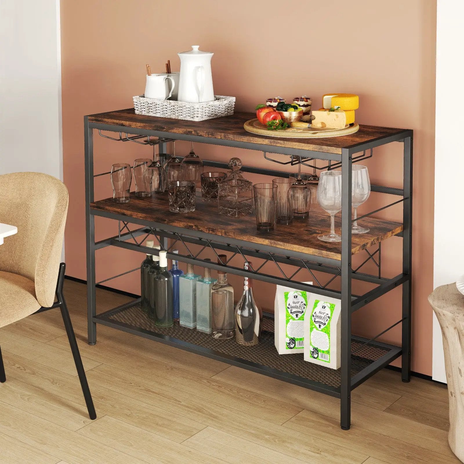 41 Inch 4-Tier Bar Table with Wine Rack and 4 Rows of Glass Holders-Rustic Brown by DirectDeals
