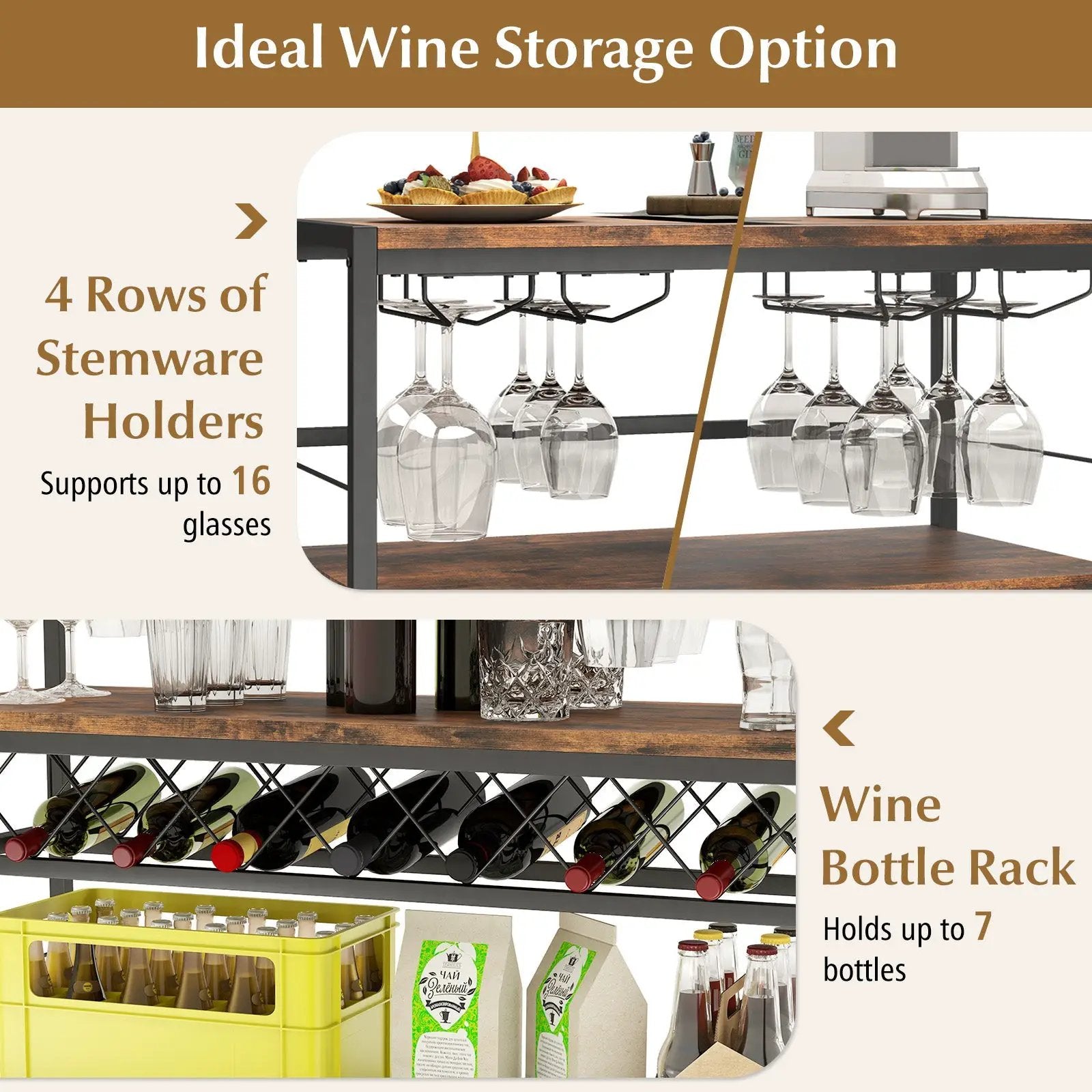 41 Inch 4-Tier Bar Table with Wine Rack and 4 Rows of Glass Holders-Rustic Brown by DirectDeals