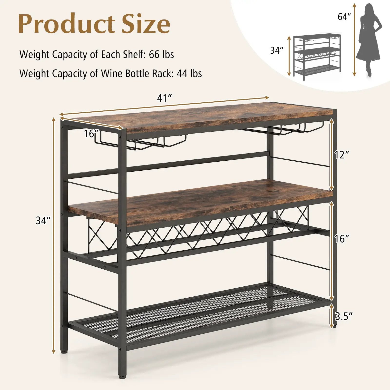 41 Inch 4-Tier Bar Table with Wine Rack and 4 Rows of Glass Holders-Rustic Brown by DirectDeals
