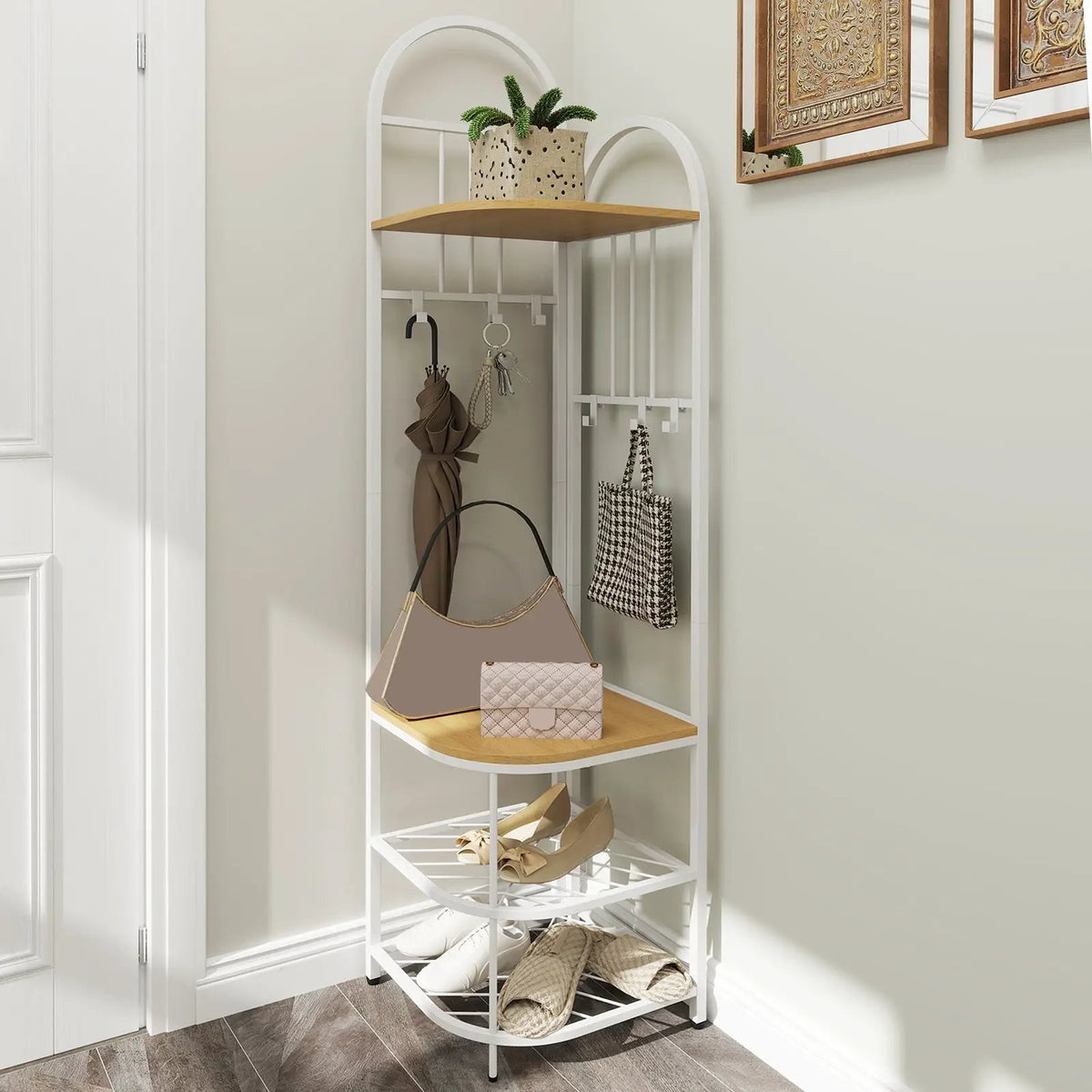 4-Tier Coat Rack Corner Hall Tree with Shoe Storage Bench by DirectDeals