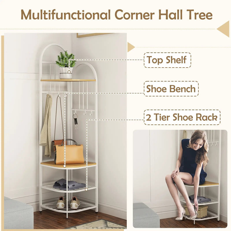4-Tier Coat Rack Corner Hall Tree with Shoe Storage Bench by DirectDeals