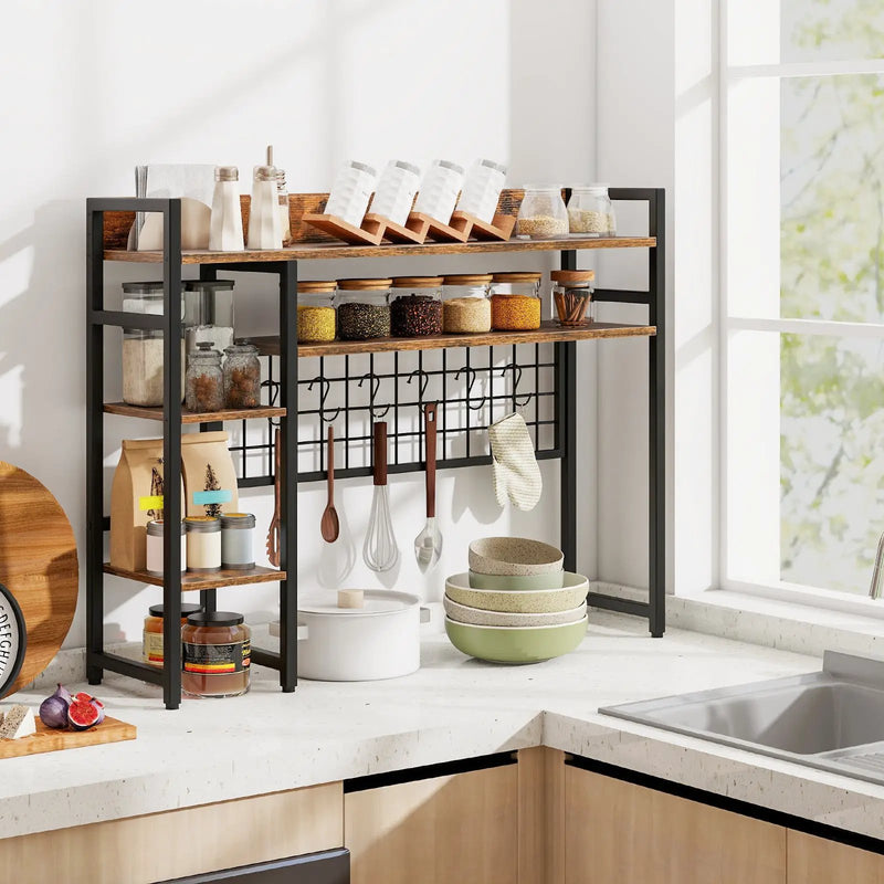 4-Tier Desk Shelf Desktop Display Rack with Metal Grid Panel and 6 Hooks by DirectDeals