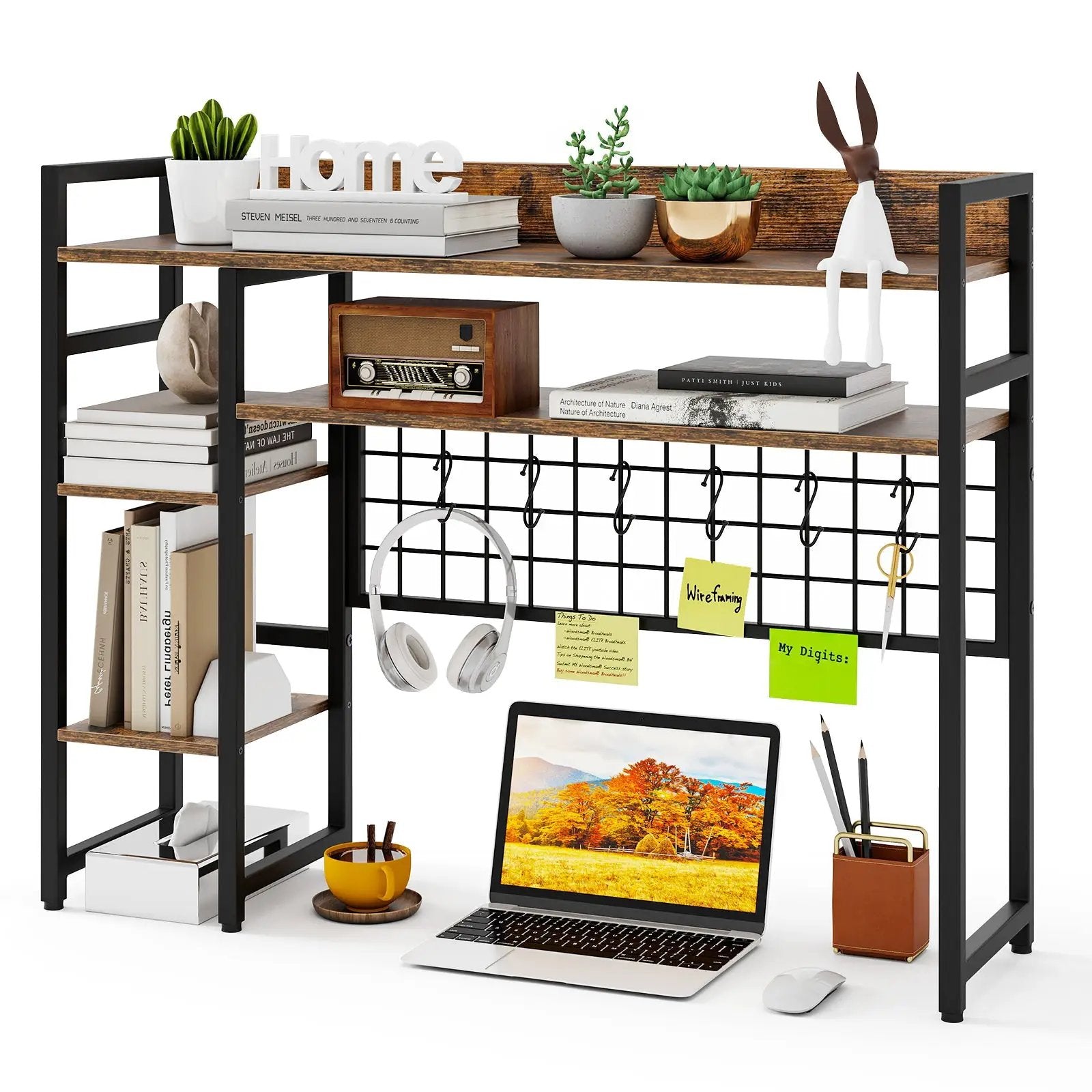 4-Tier Desk Shelf Desktop Display Rack with Metal Grid Panel and 6 Hooks by DirectDeals