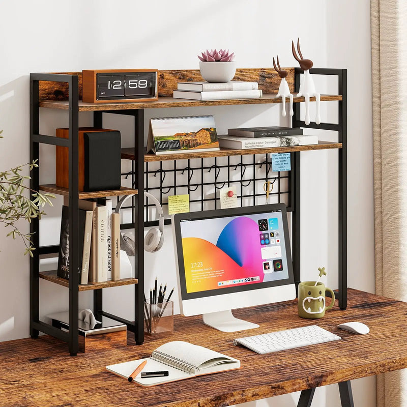 4-Tier Desk Shelf Desktop Display Rack with Metal Grid Panel and 6 Hooks by DirectDeals