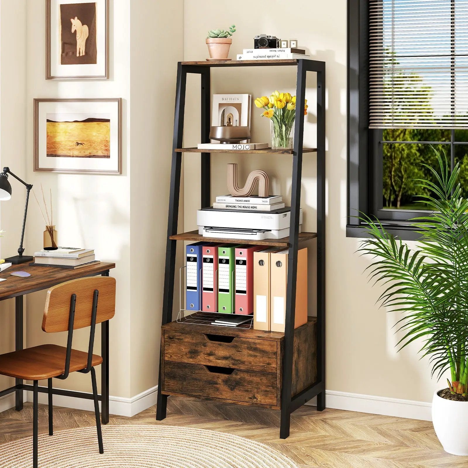 4-Tier Ladder Shelf with 2 Drawers 52.5 Inch Tall Freestanding Bookcase by DirectDeals