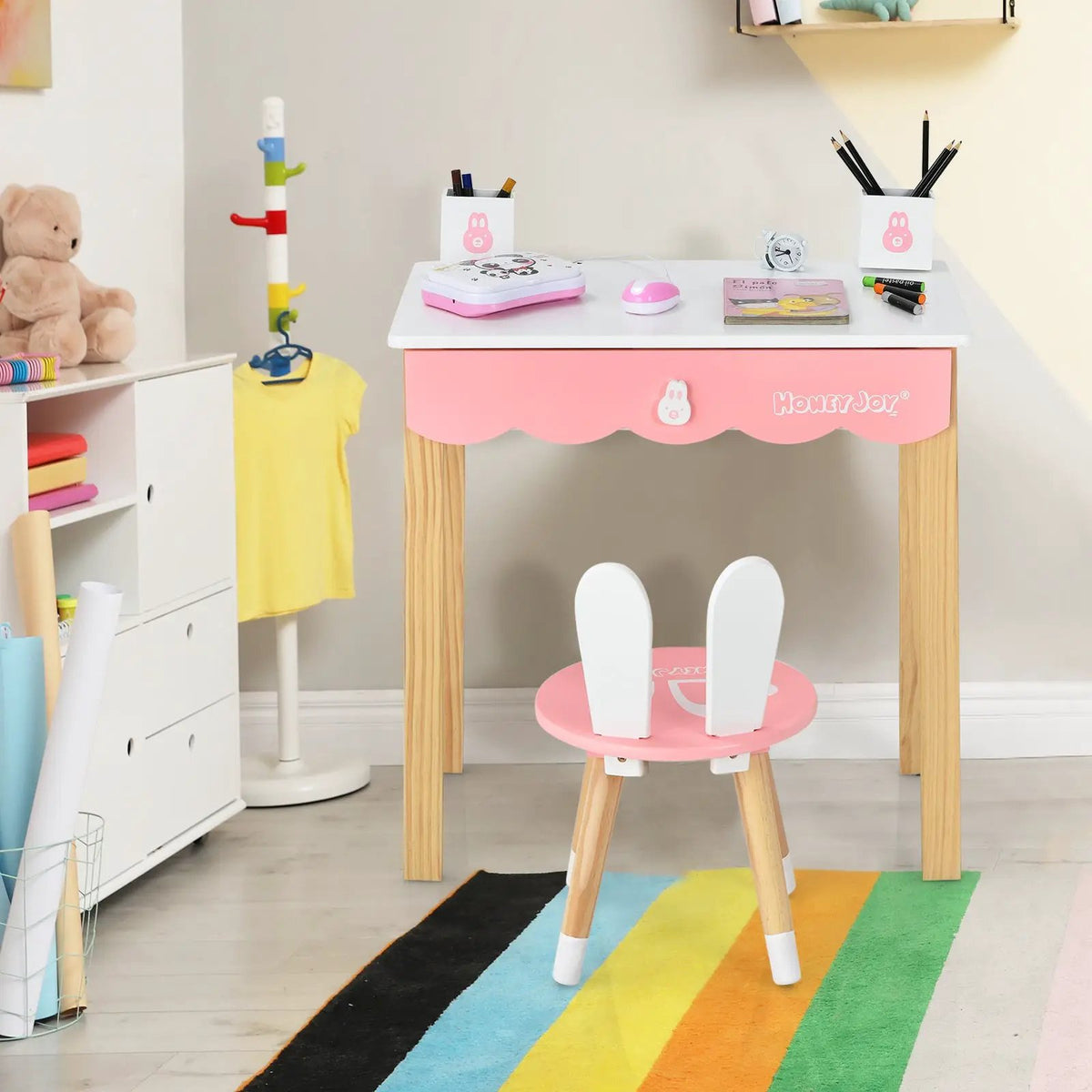 Kids Vanity Set Rabbit Makeup Dressing Table Chair Set with Mirror and Drawer by DirectDeals