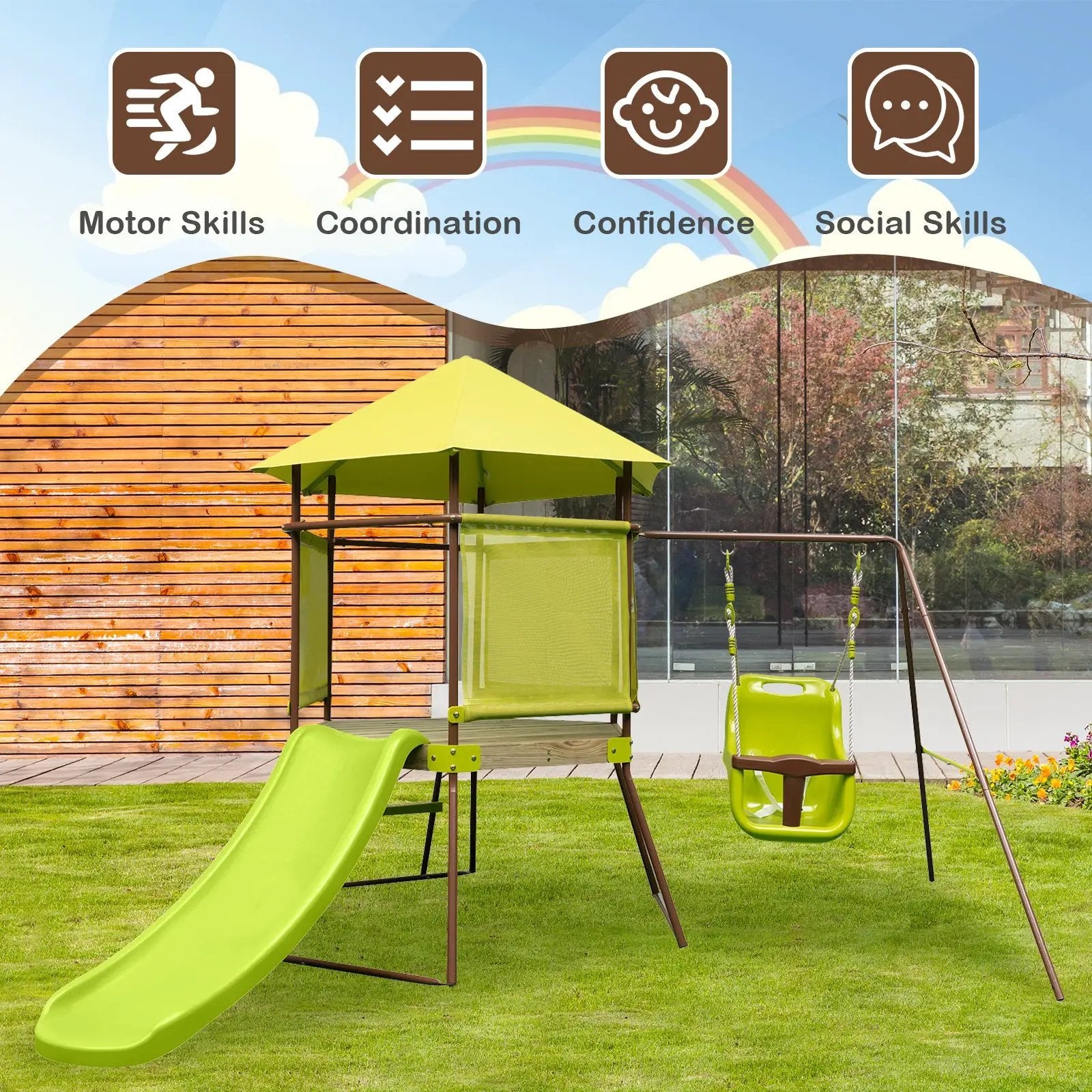 4-in-1 Swing Set with Covered Playhouse Fort and Height Adjustable Baby Seat-Green by DirectDeals