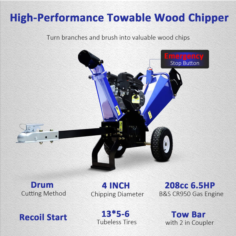 Heavy-Duty 4-Inch 208CC Gas Drum Wood Chipper Shredder With Tow Hitch (SAK47504) by SAKSBY WHOLESALE
