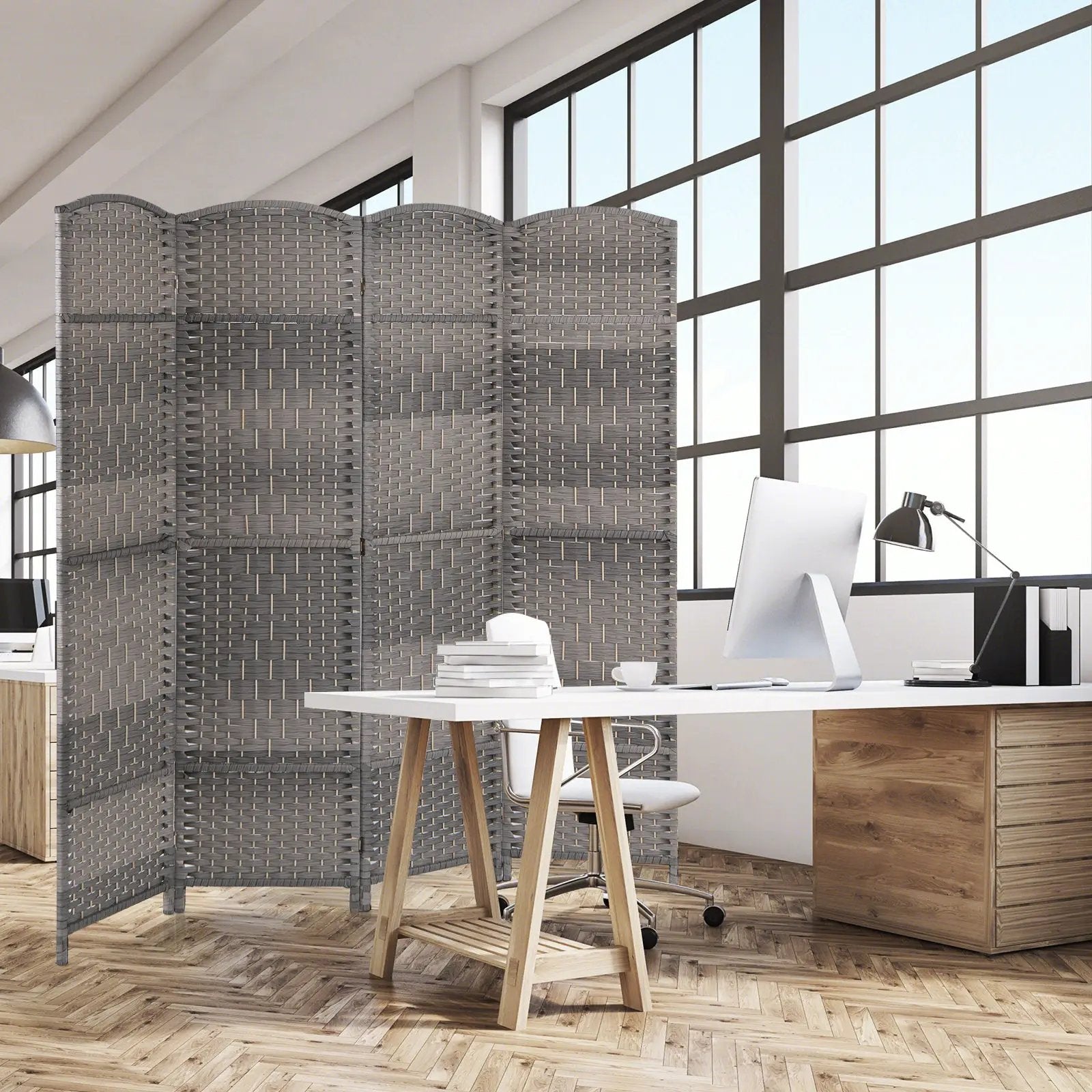 4-Panel Folding Privacy Screen with Hand-woven Pattern for Home Office Living Room-Gray by DirectDeals