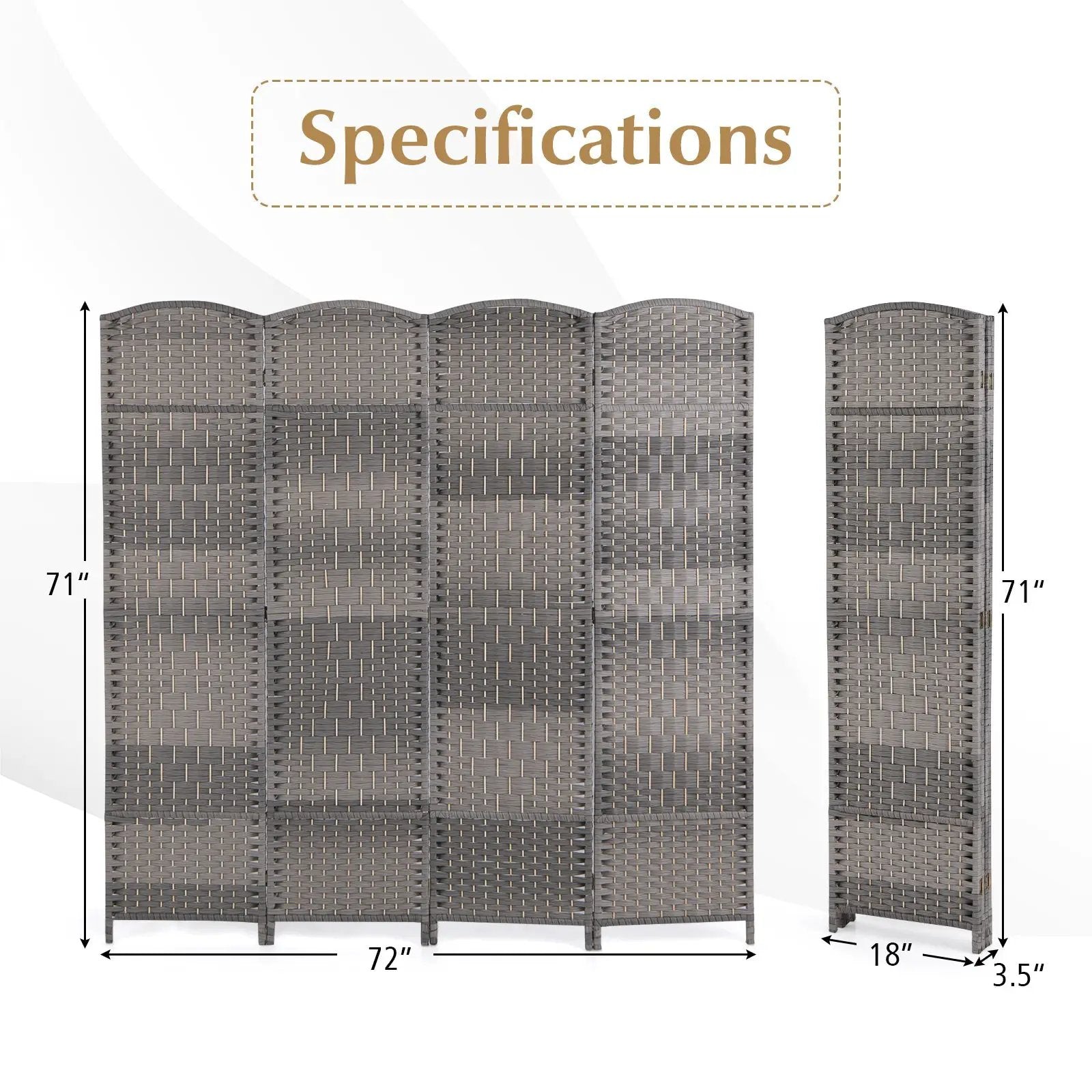 4-Panel Folding Privacy Screen with Hand-woven Pattern for Home Office Living Room-Gray by DirectDeals