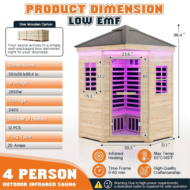 Thermora Monaco 4-Person Low EMF Spruce Wood Outdoor Infrared Sauna With Bluetooth Speakers And LED Lights (SAK16270) by SAKSBY WHOLESALE
