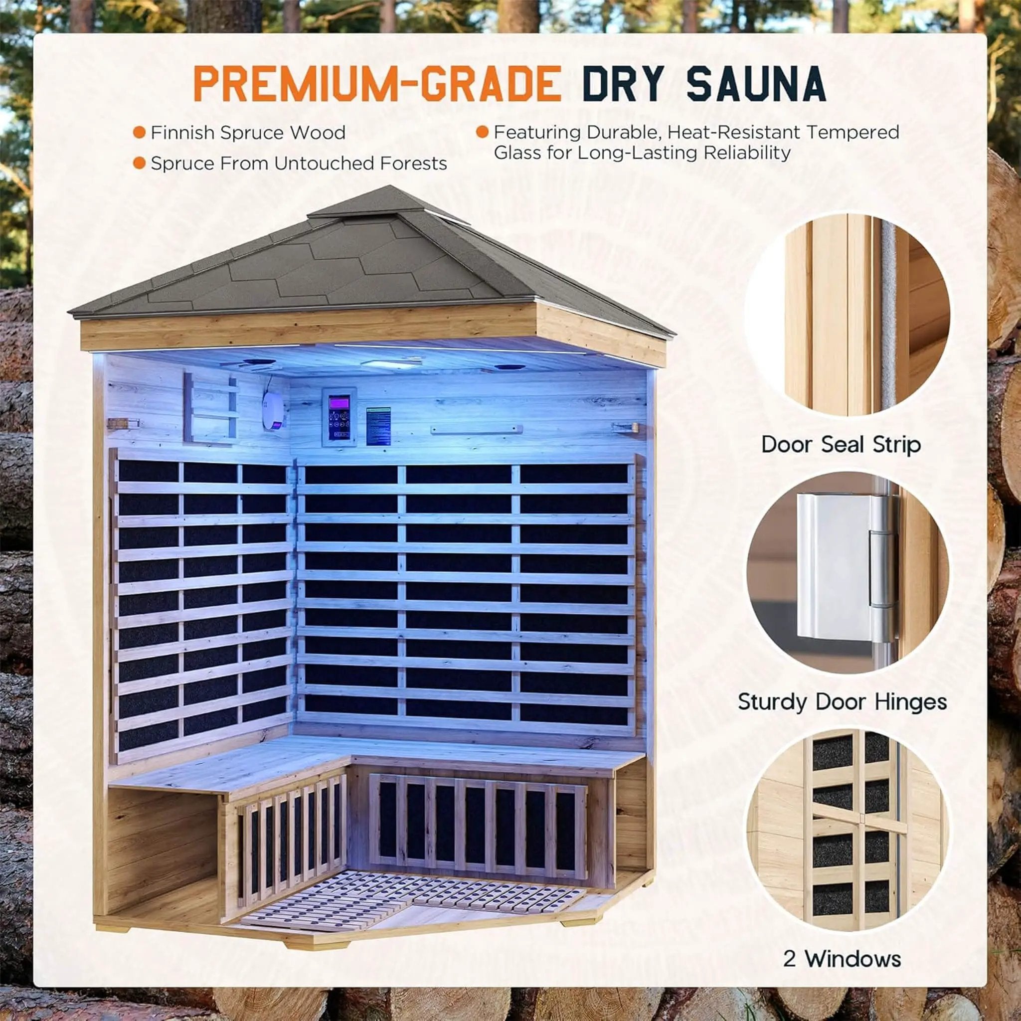 Thermora Monaco 4-Person Low EMF Spruce Wood Outdoor Infrared Sauna With Bluetooth Speakers And LED Lights (SAK16270) by SAKSBY WHOLESALE