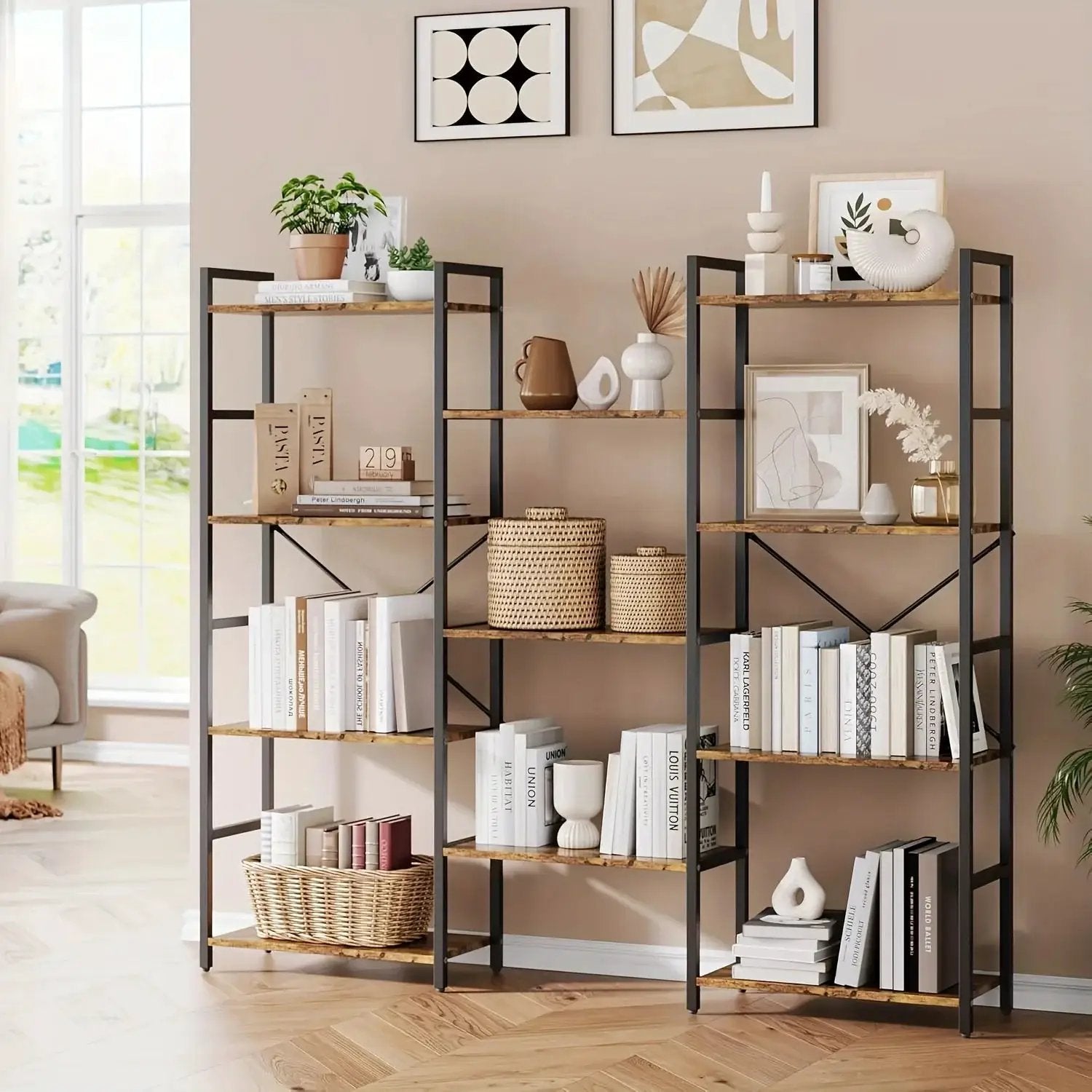 4-Tier Industrial Bookshelf with 11 Display Shelves - Freestanding Metal Frame, Modern Wide Bookcase for Living Room & Office, Beige Finish, Assembly Required, 68.58cm Height, Book Storage, Minimalist Decor, Sturdy Constructi by House Of Avana