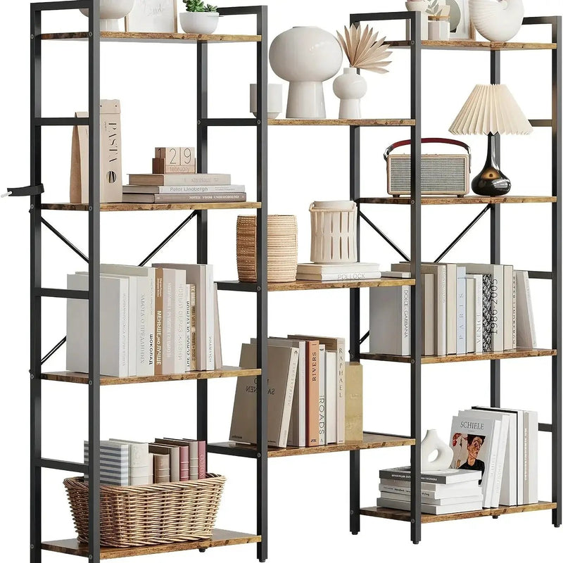 4-Tier Industrial Bookshelf with 11 Display Shelves - Freestanding Metal Frame, Modern Wide Bookcase for Living Room & Office, Beige Finish, Assembly Required, 68.58cm Height, Book Storage, Minimalist Decor, Sturdy Constructi by House Of Avana