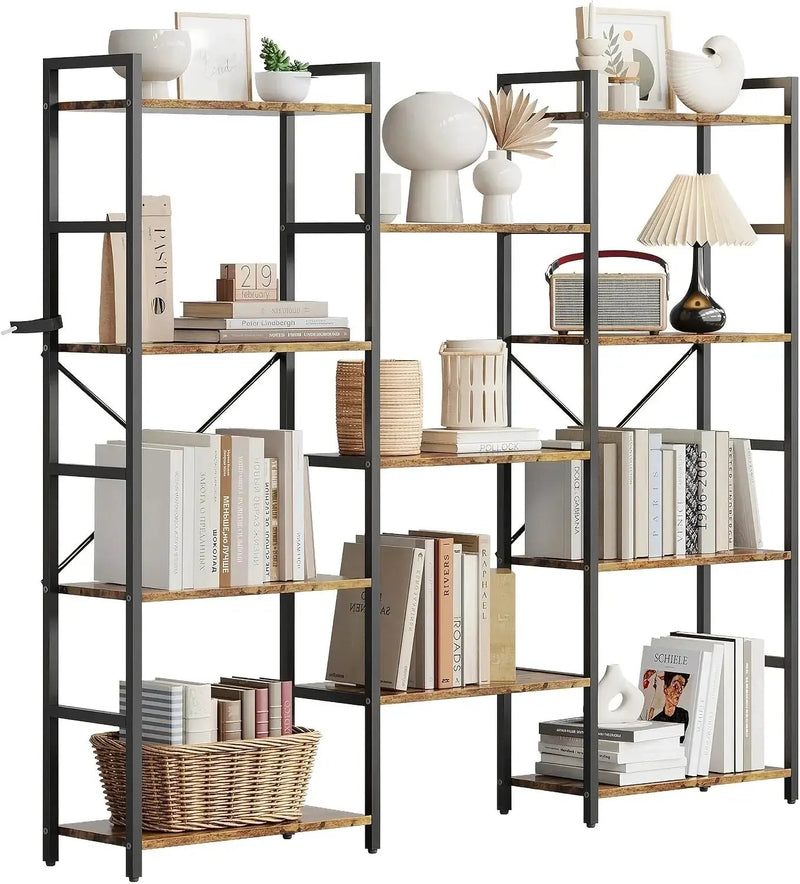 4-Tier Industrial Bookshelf with 11 Display Shelves - Freestanding Metal Frame, Modern Wide Bookcase for Living Room & Office, Beige Finish, Assembly Required, 68.58cm Height, Book Storage, Minimalist Decor, Sturdy Constructi by House Of Avana