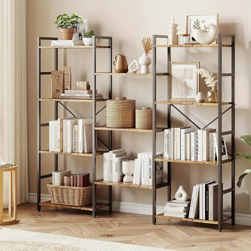 4-Tier Industrial Bookshelf with 11 Display Shelves - Freestanding Metal Frame, Modern Wide Bookcase for Living Room & Office, Beige Finish, Assembly Required, 68.58cm Height, Book Storage, Minimalist Decor, Sturdy Constructi by House Of Avana