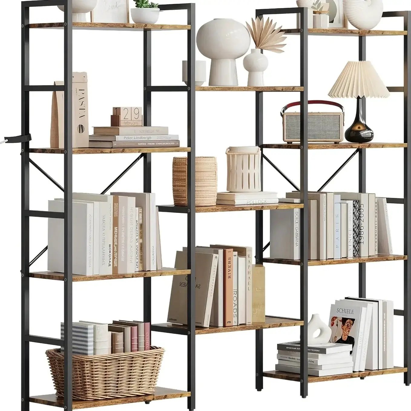 4-Tier Industrial Bookshelf with 11 Display Shelves - Freestanding Metal Frame, Modern Wide Bookcase for Living Room & Office, Beige Finish, Assembly Required, 68.58cm Height, Book Storage, Minimalist Decor, Sturdy Constructi by House Of Avana