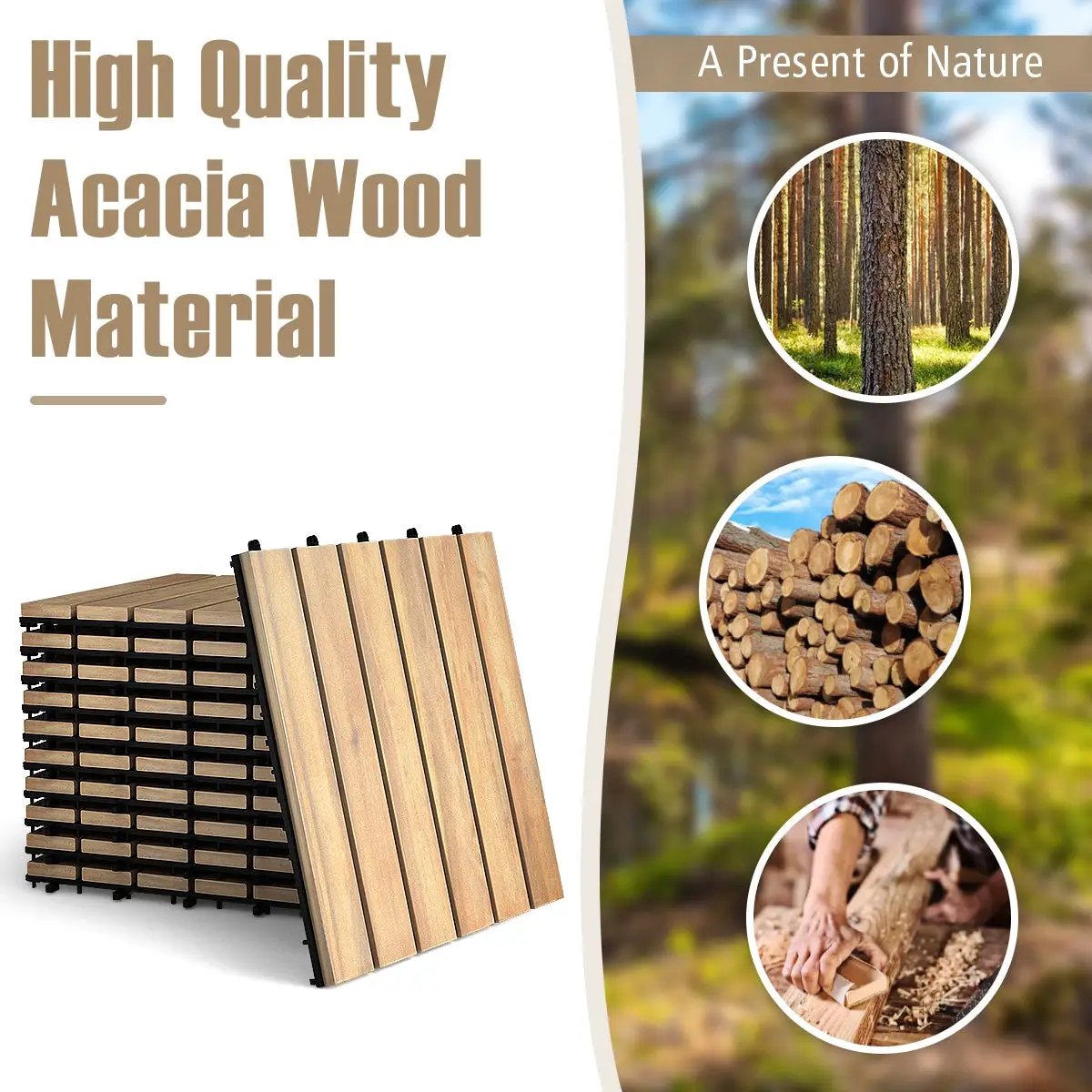 10 Pieces 12 x 12 Inch Acacia Wood Interlocking Tile Flooring by DirectDeals