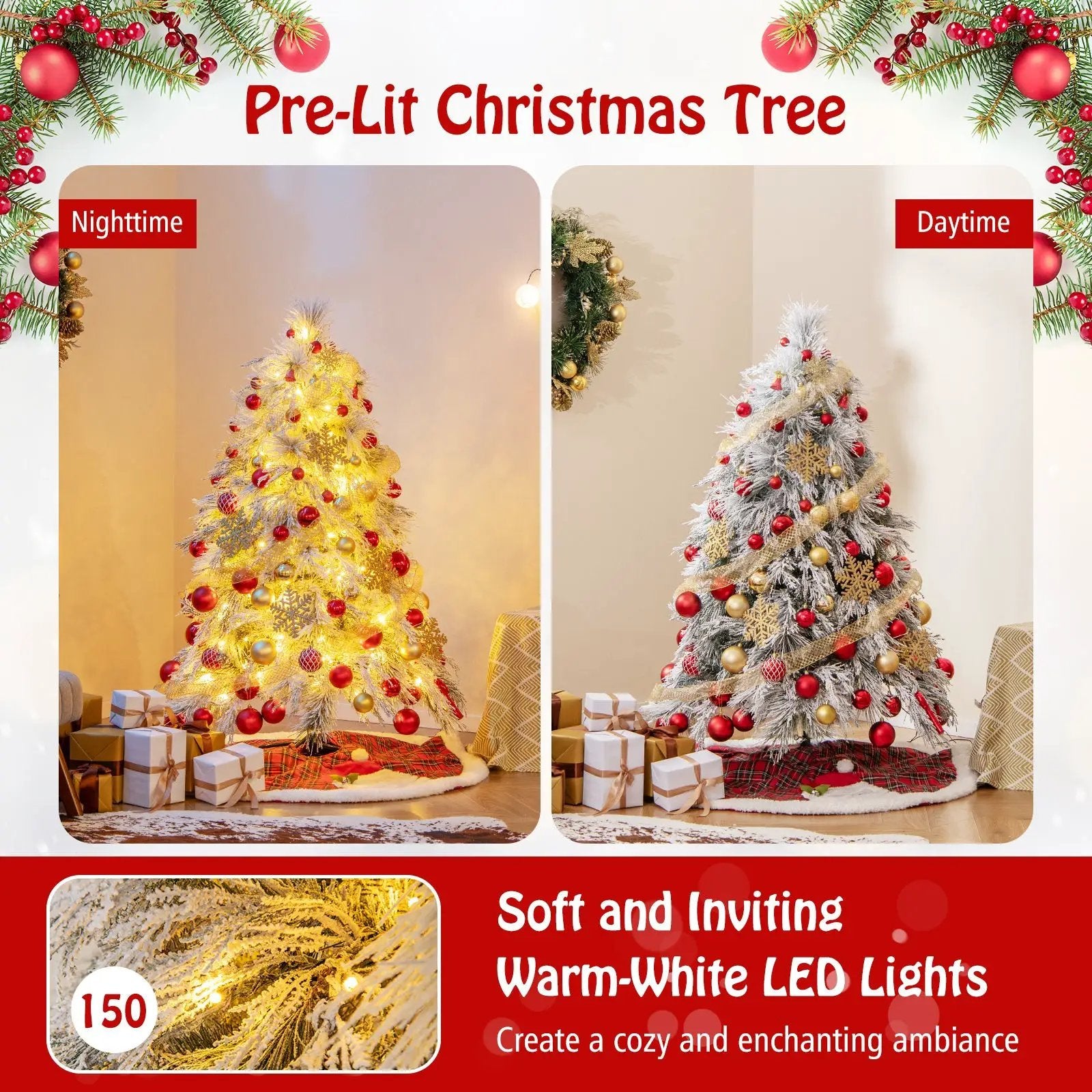 4.5/6/7 Feet Pre-Lit Snow Flocked Christmas Tree with Warm White LED Lights by DirectDeals