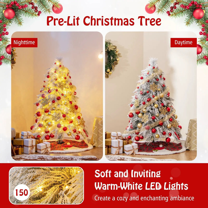 4.5/6/7 Feet Pre-Lit Snow Flocked Christmas Tree with Warm White LED Lights by DirectDeals