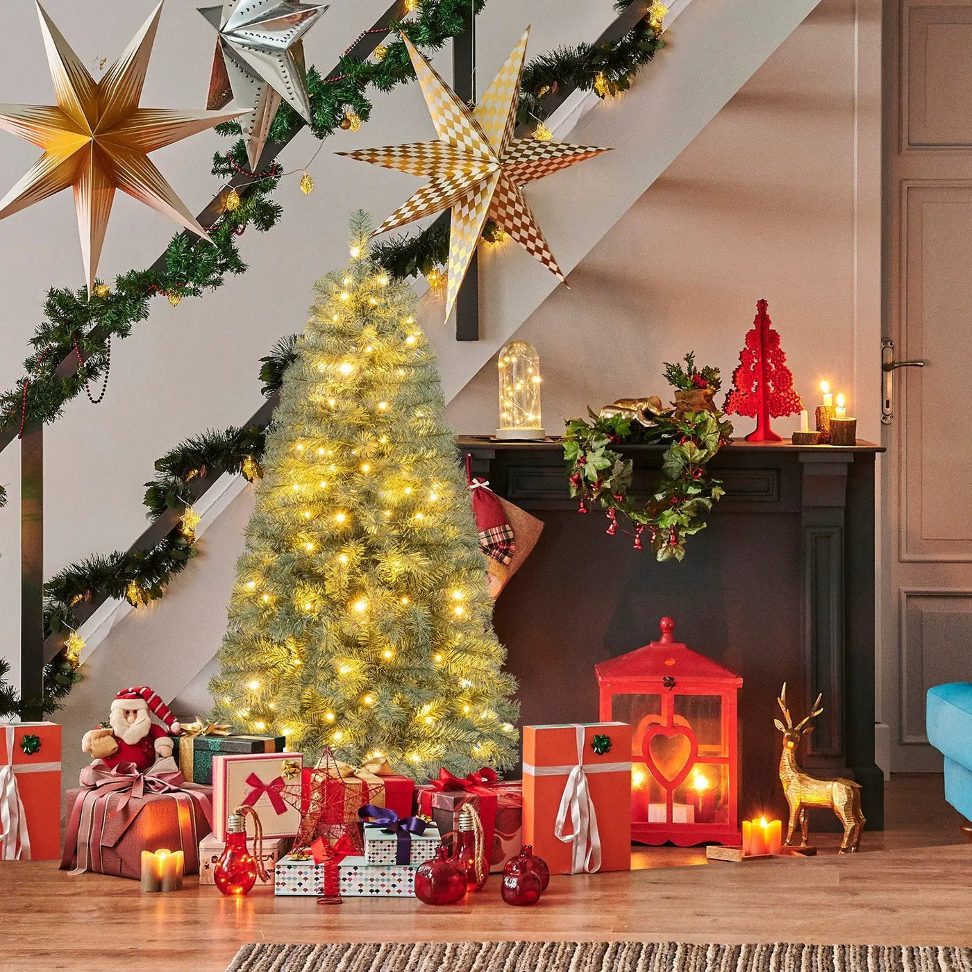 Pre-Lit Blue Artificial Christmas Tree Slim with 9 Lighting Modes by DirectDeals