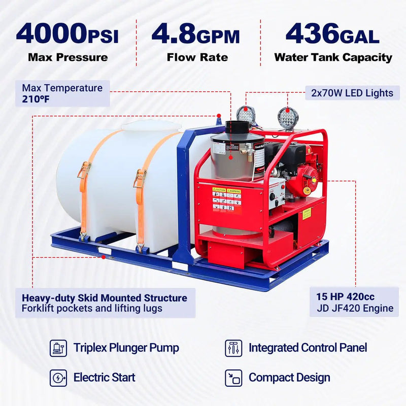 Industrial 4000 PSI Hot Water Pressure Washer with 436 Gal Water Tank by Chery Industrial