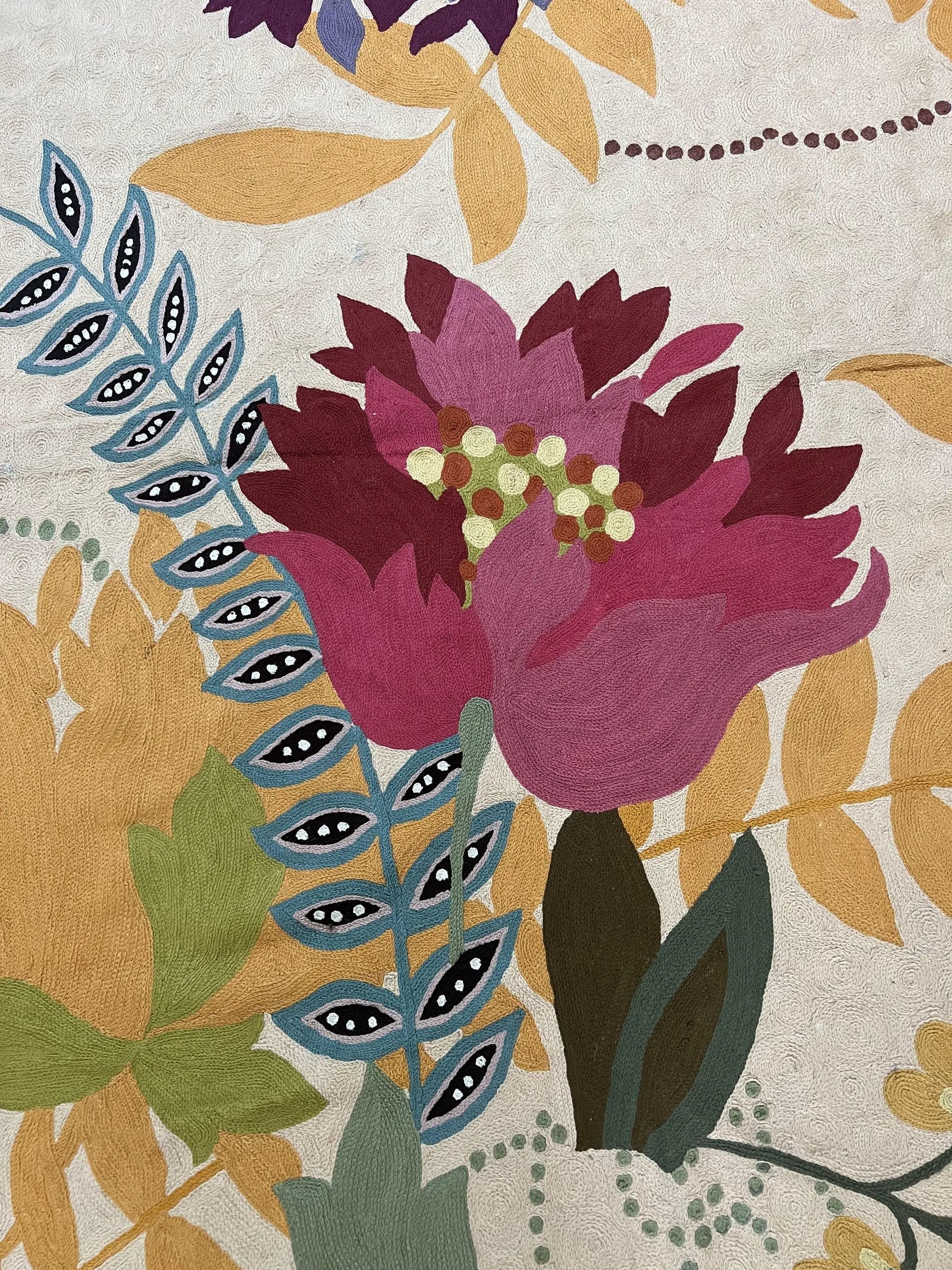 Indian Chain Stitched Rug 4x6, Hand Stitched Indian Embroidery Carpet, Large Floral Design, Contemporary, Cream and Colorful Flowers, Wool by Jewel Rugs