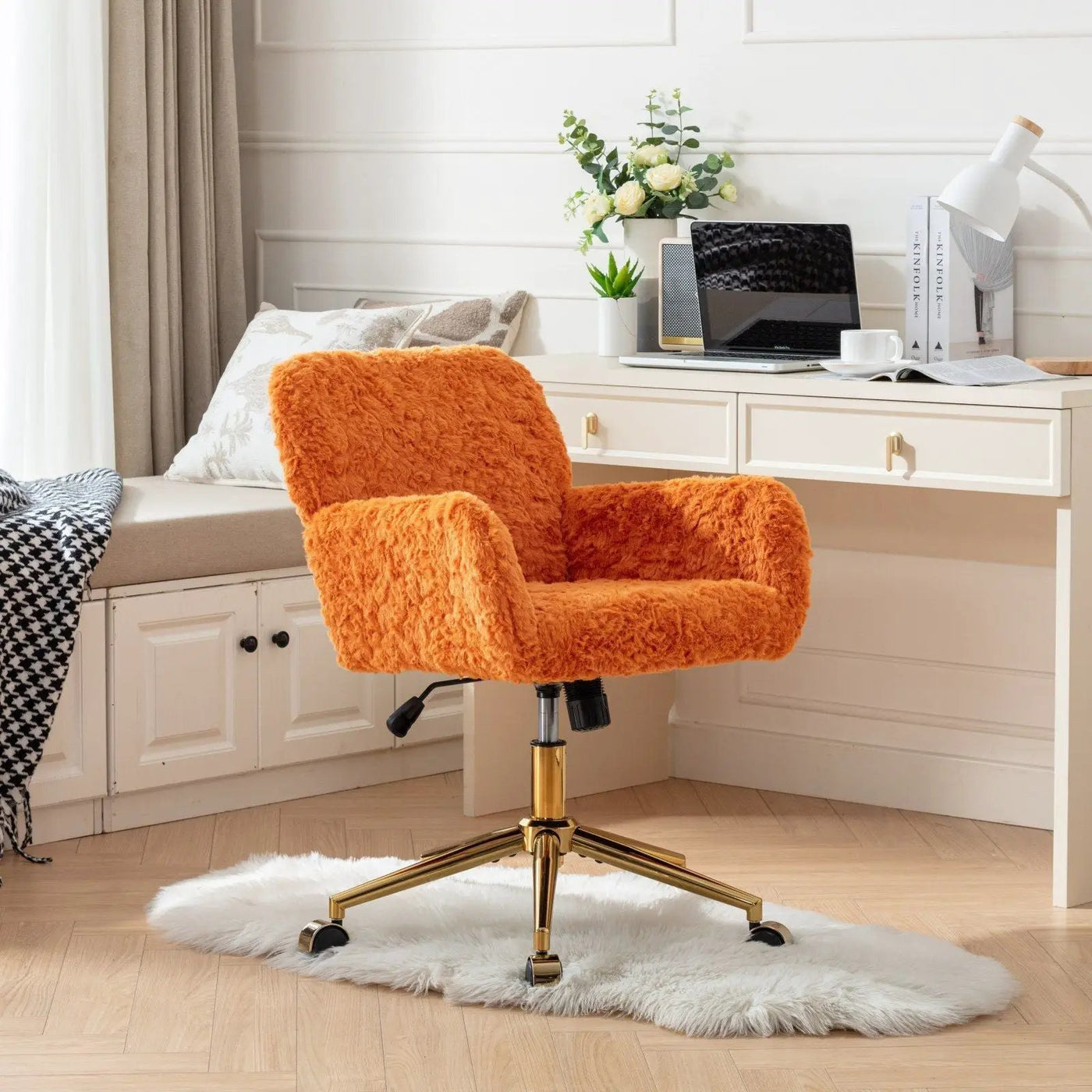 Office Chair, Artificial Rabbit Hair Home Office Chair With Metal Base, Adjustable Desk Chair Swivel Office Chair, Vanity Chair by HouseOfZazla