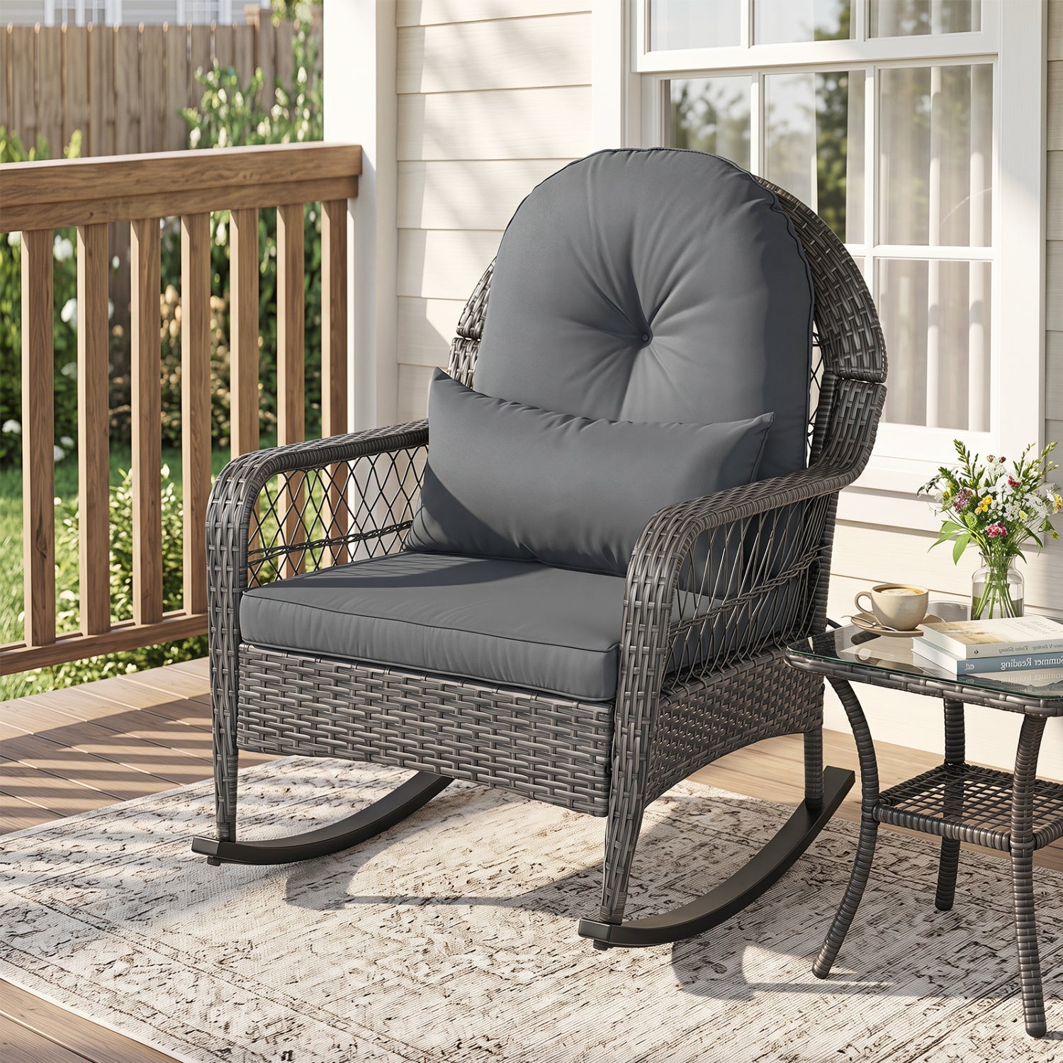 Patio Rattan Rocking Chair with Cushions - 400 LBS Capacity by DirectDeals