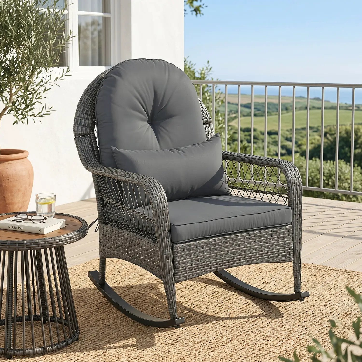Patio Rattan Rocking Chair with Cushions - 400 LBS Capacity by DirectDeals