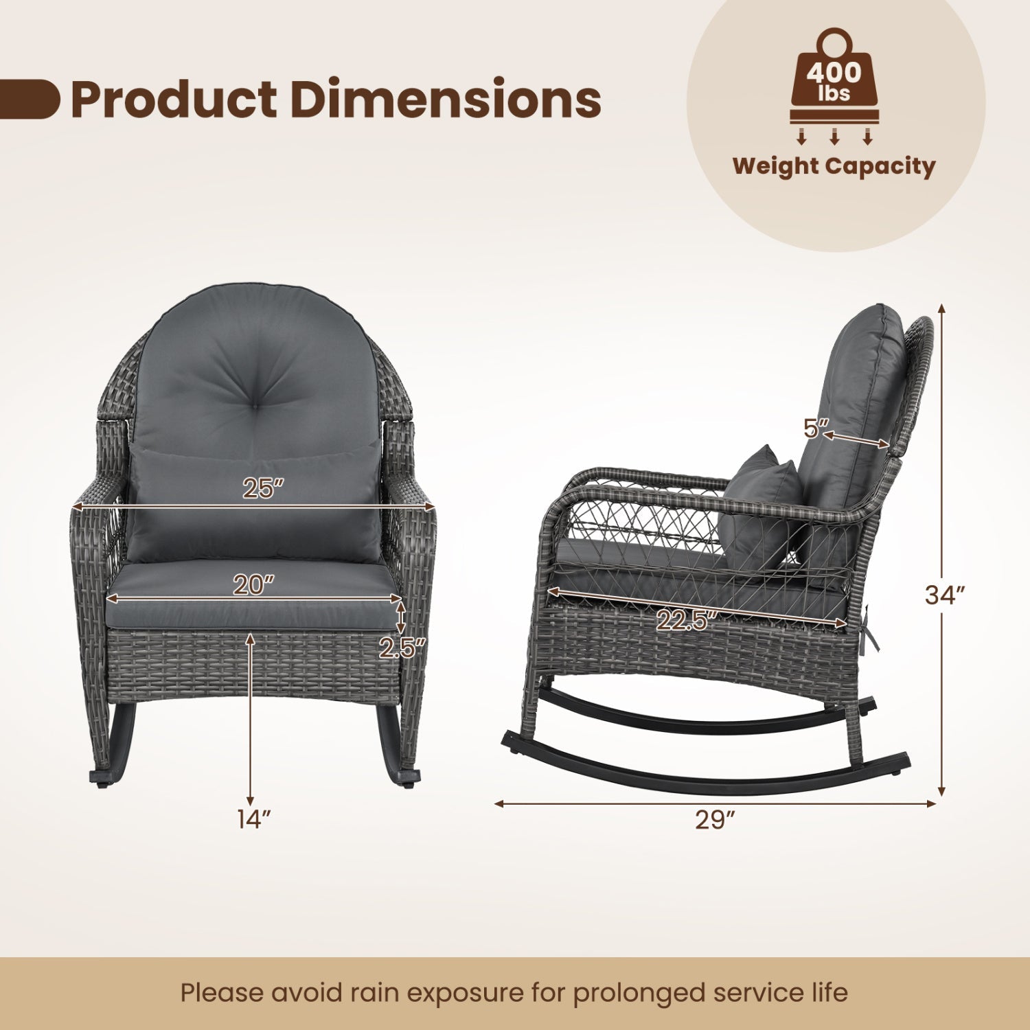 Patio Rattan Rocking Chair with Cushions - 400 LBS Capacity by DirectDeals