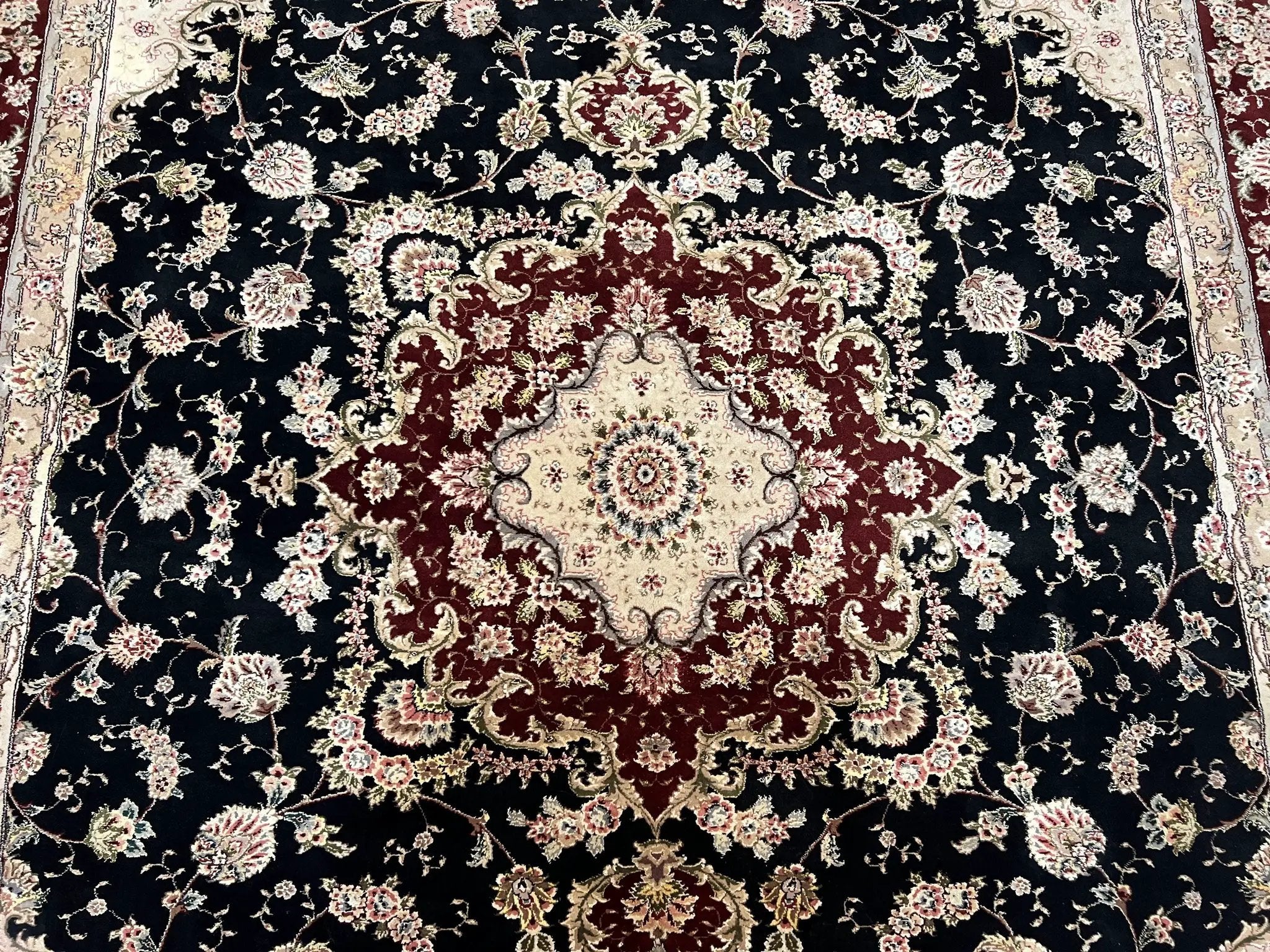 Pak Persian Rug 8.8 x 10.6, Floral Medallion, Wool and Silk Hand Knotted Fine Oriental Carpet, Elegant Rug, Black Gray Burgundy, Room Sized by Jewel Rugs