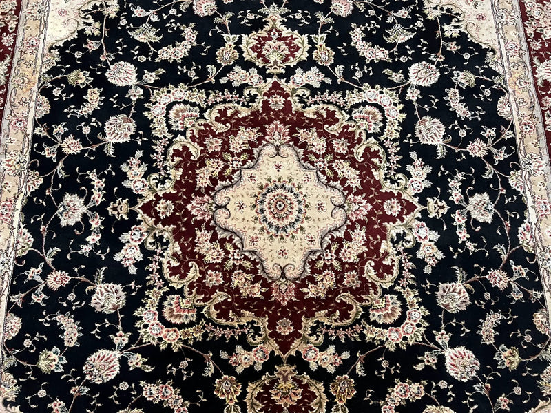 Pak Persian Rug 8.8 x 10.6, Floral Medallion, Wool and Silk Hand Knotted Fine Oriental Carpet, Elegant Rug, Black Gray Burgundy, Room Sized by Jewel Rugs