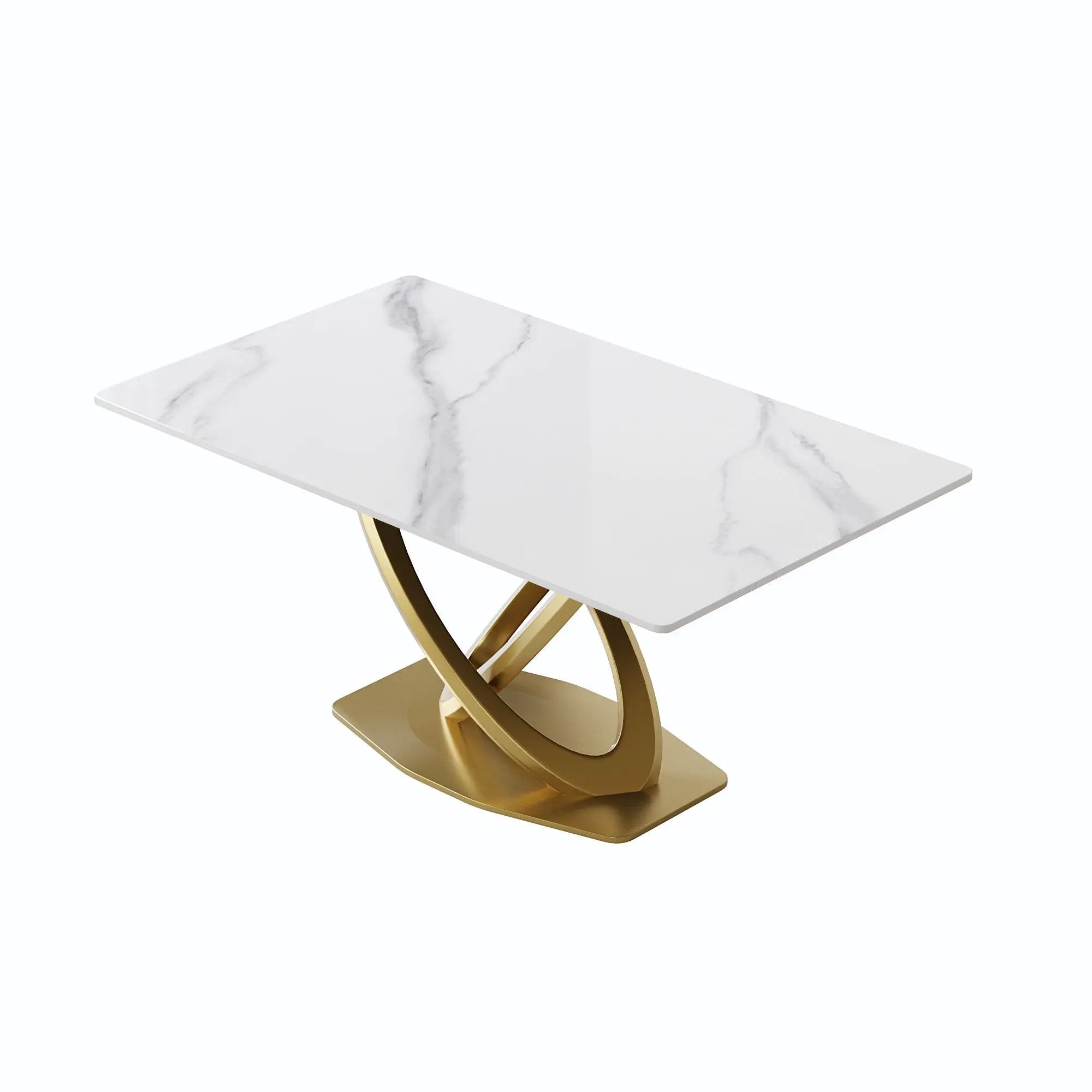 63" Modern Artificial Stone Panel Double-Ring Stainless Steel Metal Legs, Can Accommodate 6-8 People - White / Gold by HouseOfZazla