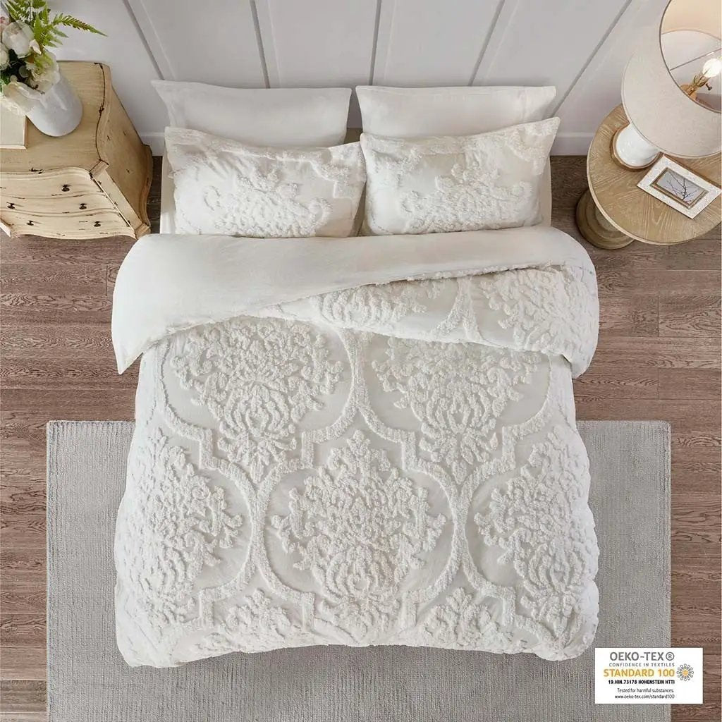 Full/Queen Tufted Cotton Chenille Damask Duvet Cover Set by HouseOfZazla