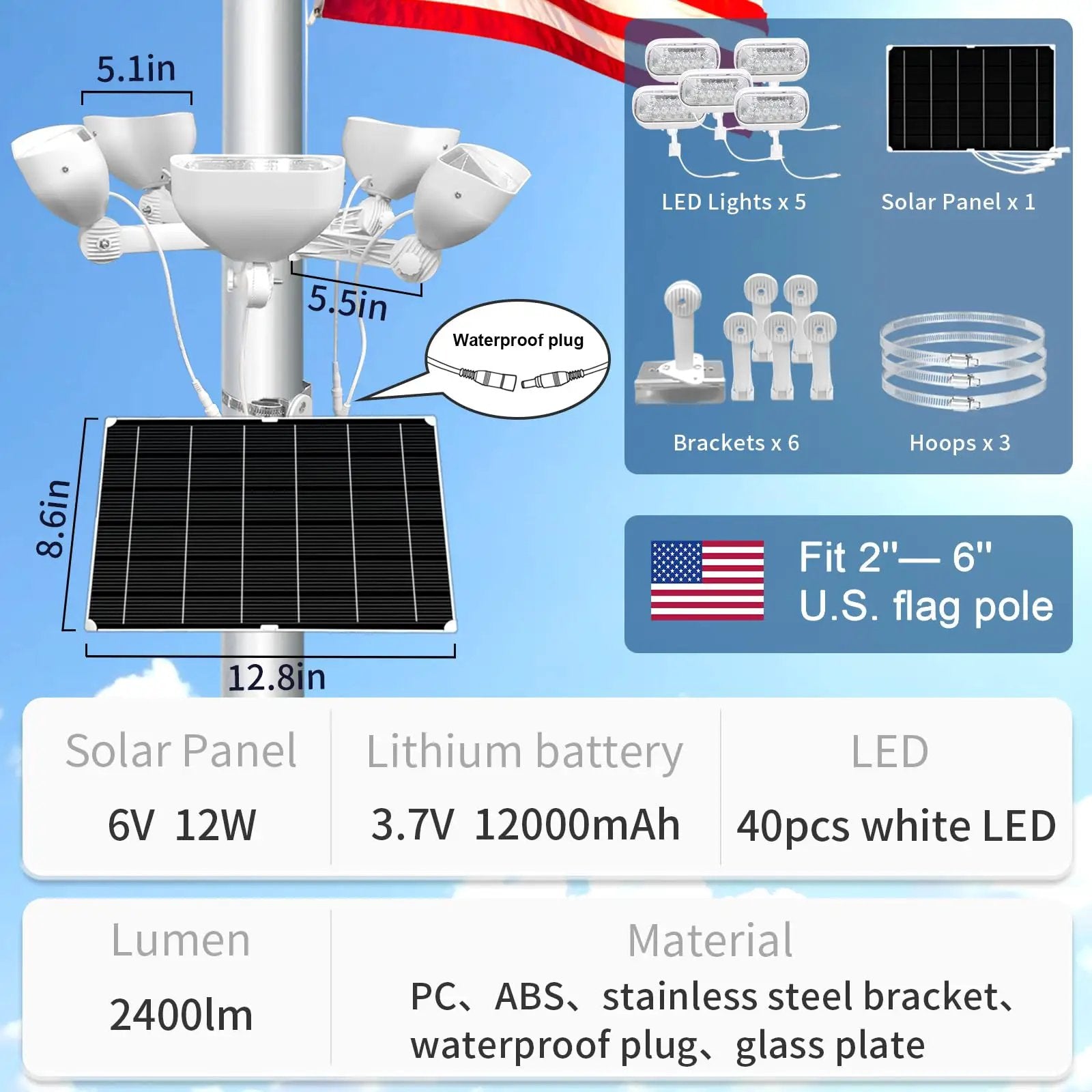 800W Solar Flag Pole Light for 15-40ft flagpole 5 Spotlights，Adjustable Clamps Fits 3-6''Diameter Inground Poles from Dusk to Dawn by Outdoor Solar Outlet