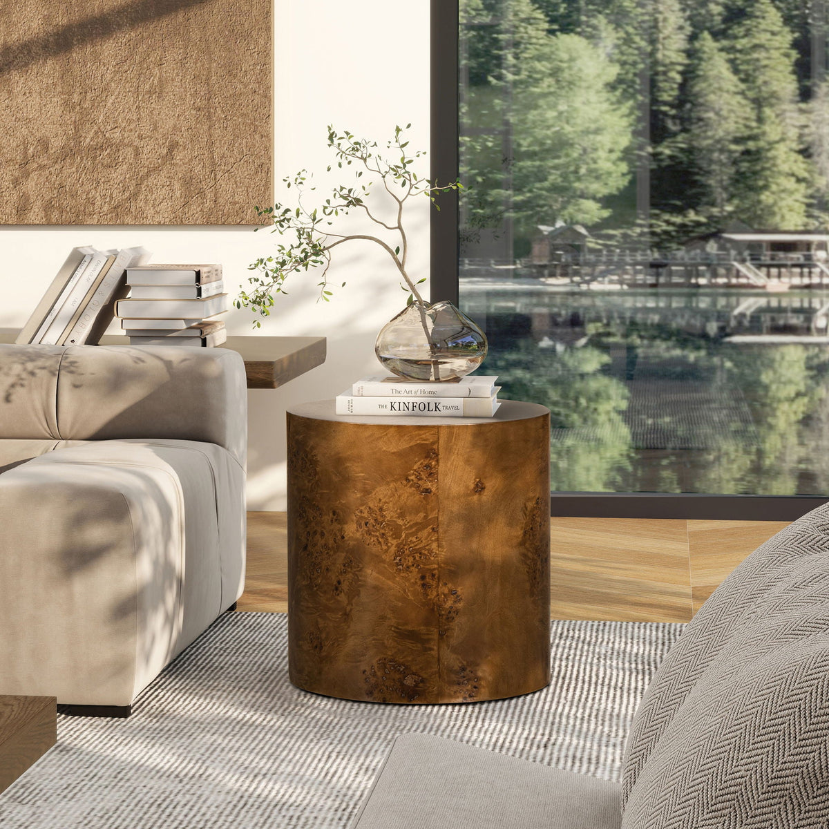 Accent Oval Pillar Side Table with Burl Wood Veneer - Light or Dark Brown, photo 3 of 19