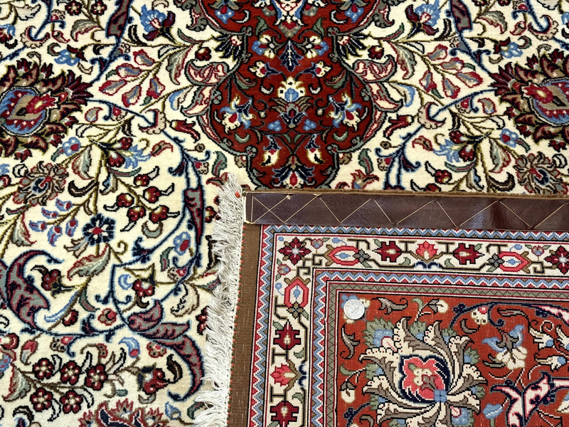 Persian Qum Rug 7x11, Beige and Red, Highly Detailed Floral Pattern, Fine 260 KPSI by Jewel Rugs